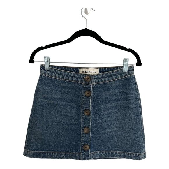 Reformation Size 25 Candace Denim High Rise Mini Skirt Jean Button Down - Picture 1 of 6